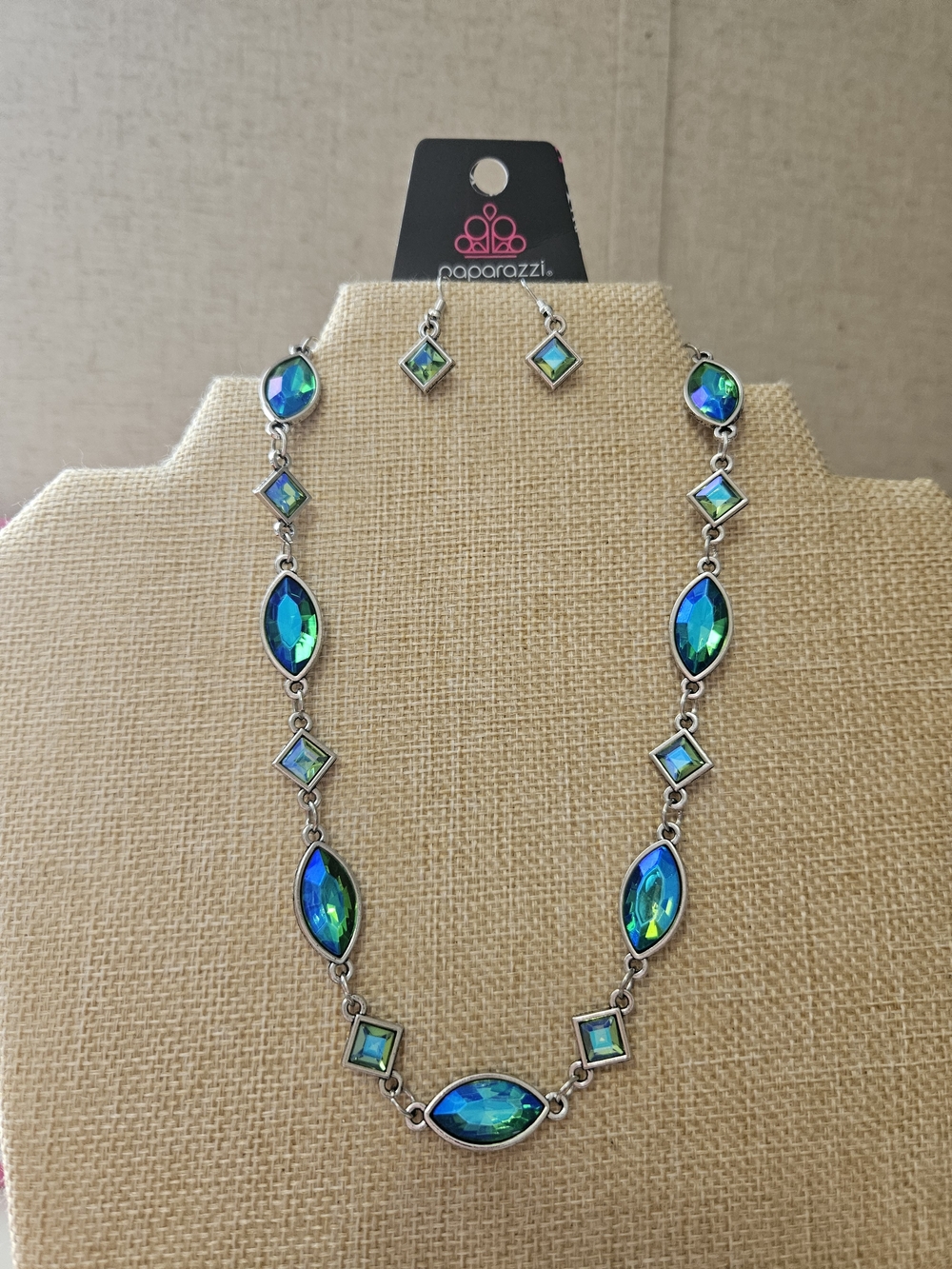 paparazzi Blue-Green Marquise & Square Stone Necklace with Matching Earrings